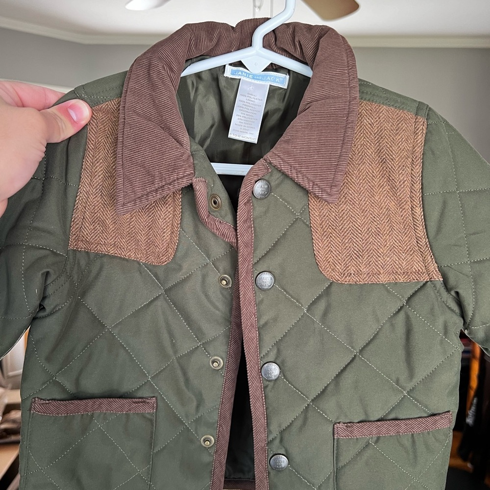 6-12m, Janie & Jack Green Quilted Jacket with Brown Accents